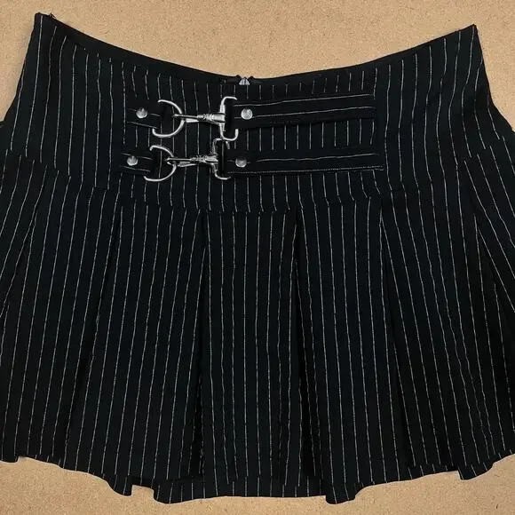 Vintage Lip Service Gangsta Pranksta Pinstripe Black Mini Skirt Medium Y2K Goth - Picture 4 of 15